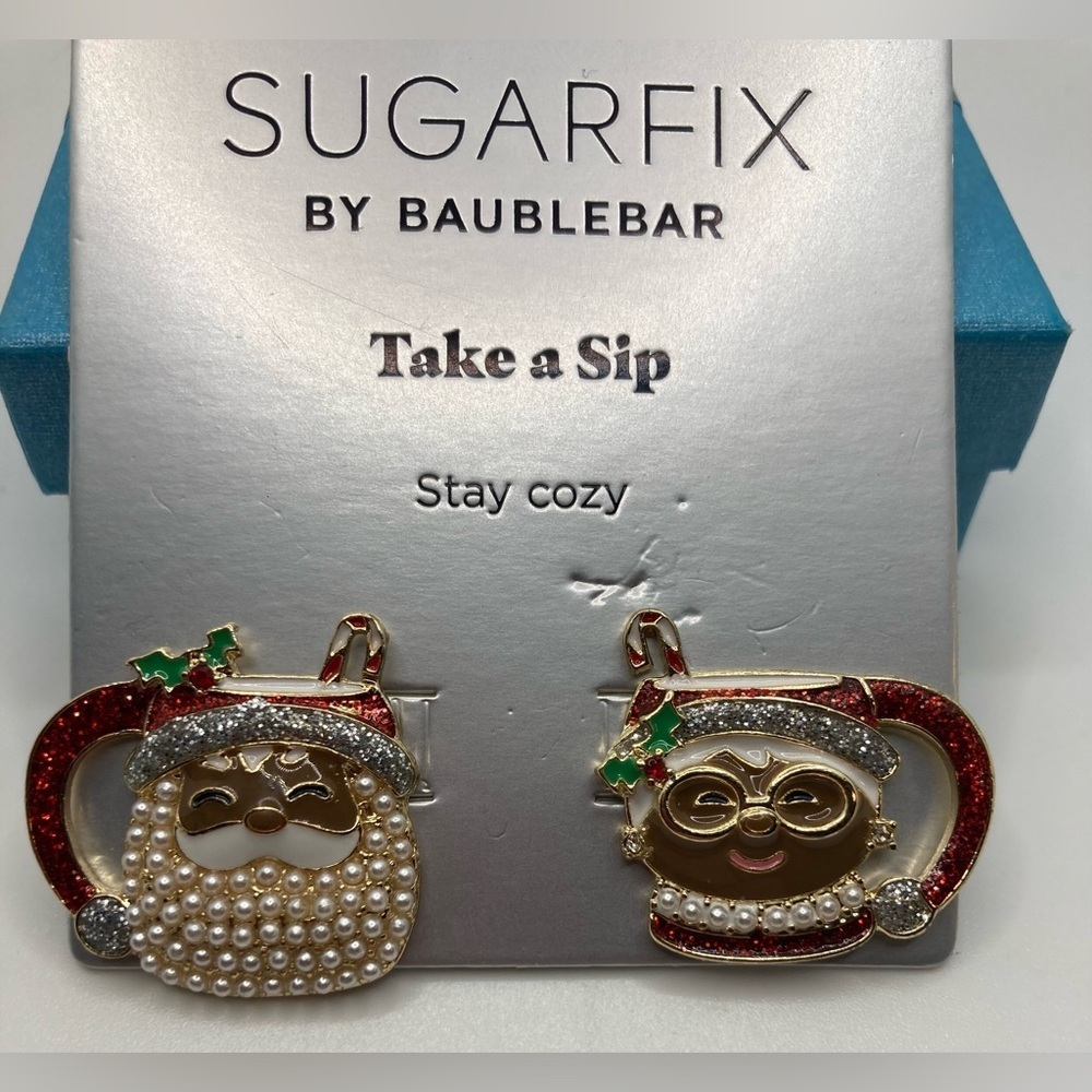 BAUBLEBAR Christmas African-American Black Santa & Mrs Claus Mug Earrings NWT